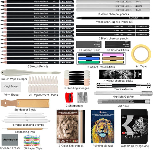 Kird Barken 112 PCS Professional Drawing Set – Sketch Kit with Graphite & Charcoal Pencils, 3-Color Sketchbook, Art Supplies for Shading & Blending – Ideal for Artists, Adults, Teens & Beginners