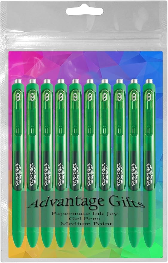 Paper Mate InkJoy Gel Pens, Green Ink, Medium Point (0.7mm), 10 Count, Bundle with Plastic Reusable Pouch