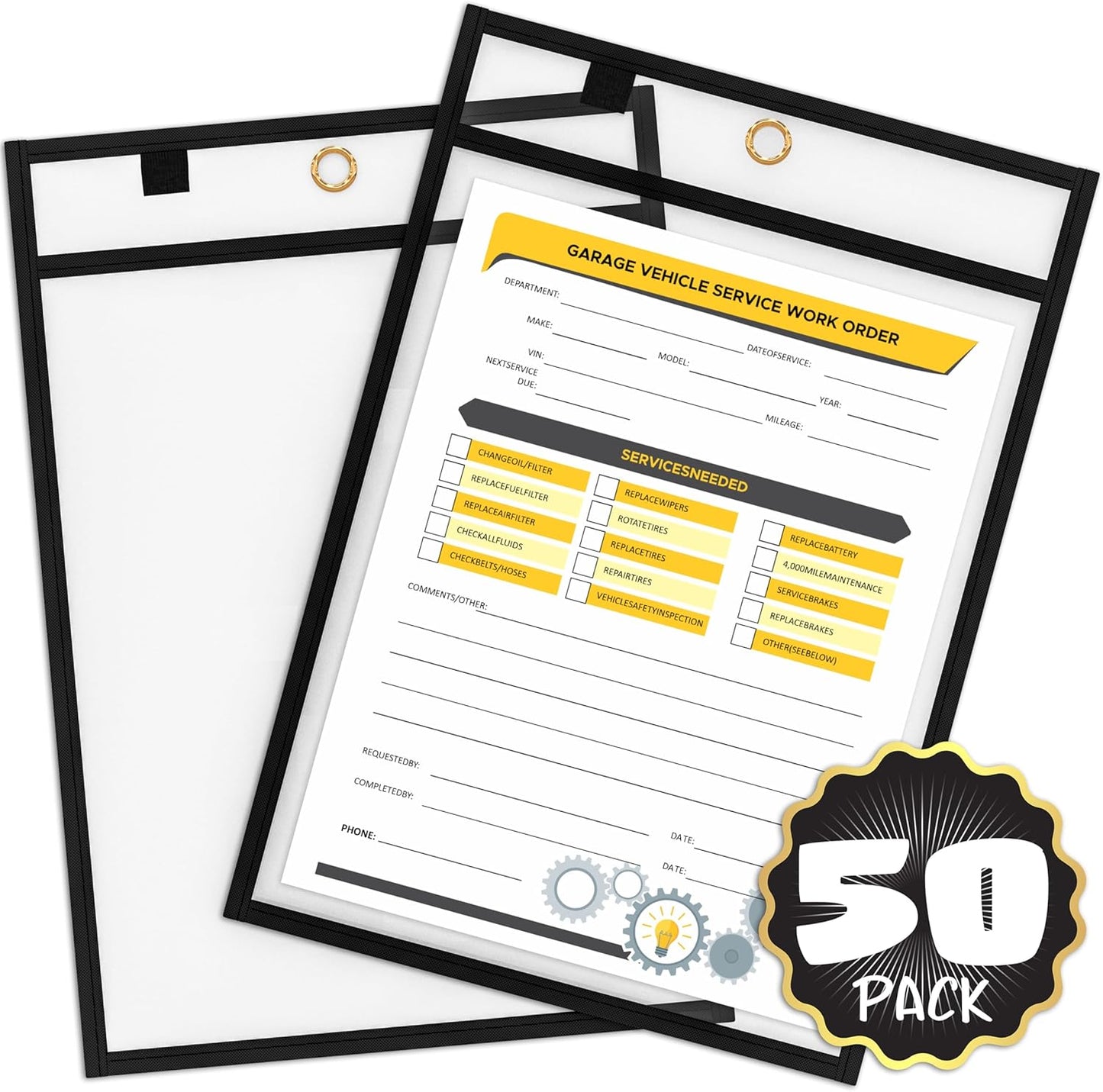 SCRIBBLEDO Job Ticket Holders 9x12 50 Pack Black Dry Erase Plastic Sleeves Heavy Duty Clear Sheet Protectors Waterproof and Tear-Resistant Pockets Ideal for Shop Tickets Work Orders and Classroom Use
