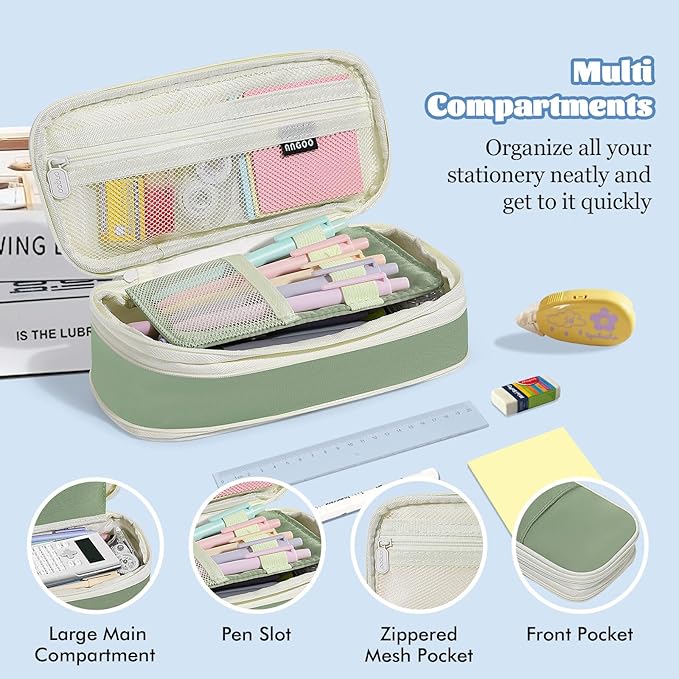 MoKo Large Capacity Pencil Case, Aesthetic Pencil Pouch Bag with Zipper, Cute Pen Case Stationery Organizer Holder for Office/School Supplies, Back to School Gift, Green