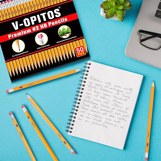 V-Opitos Wood-Cased #2 HB Pencils, 50 Pack Pre-Sharpened with Top Erasers, Bulk Yellow Pencils for School, Writing, Drawing and Sketching