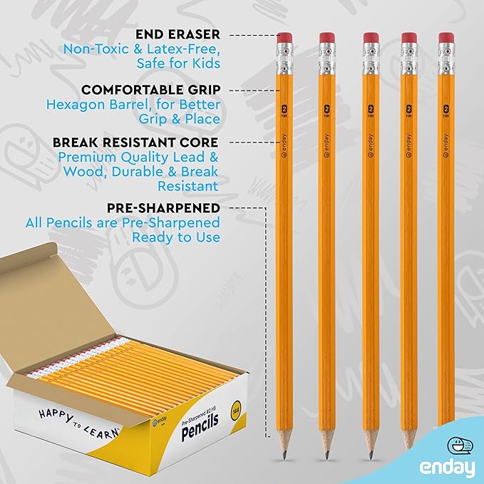 Enday #2 Pencils Bulk - 144 Pack - Pre-sharpened pencils #2 Wood-Cased Yellow Sharpened Pencils for Kids with Latex-Free Eraser Top for Office and Classroom Supplies.