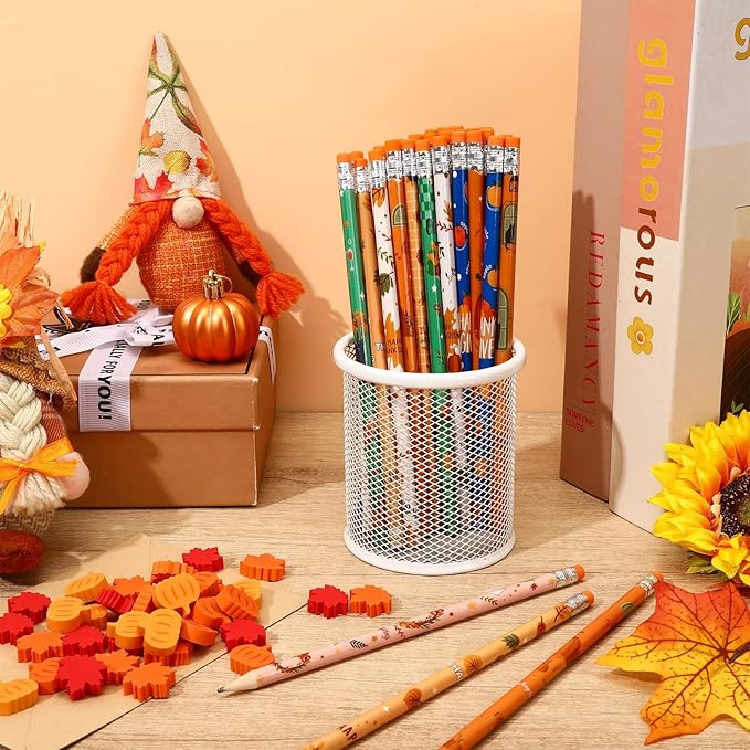JULMELON 72PCS Fall Party Favors Set, 36PCS Autumn Pencils with 36PCS Pumpkin Maple Leaf Erasers, Pencils for Thanksgiving Holiday Party Reward Supplies