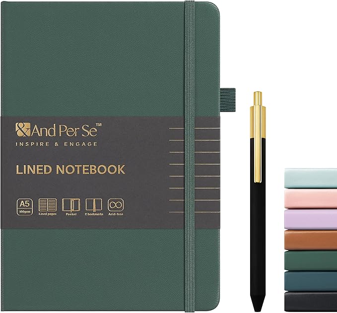 A5 Lined Leather Journal and Pen Set, Hardcover Notebook with Pen, 160 Pages 100gsm Thick Ruled Paper for Men Women, for Work, Business, School or Home Writing, 5.7'' x 8'' (Green-Set1)