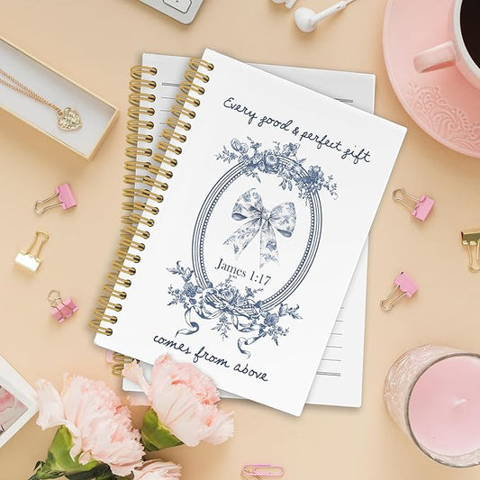 Chinoiserie Bow Christian Spiral Notebook, Vintage Blue and White Porcelain Floral Bible Journaling Notebooks for School, Preppy Girly Hardcover Journals for Women, 160 Pages 5.5 x 8.3 Inch