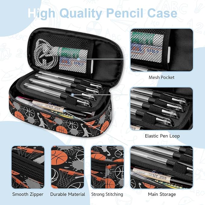 Basketball Large Pencil Case Big Capacity Pencil Pouch for Boys Girls Teen Women Men Adult, Portable Kids Pencil Bag with Zipper, Stationery Storage Pen Bag for School Supplies Office Organizer