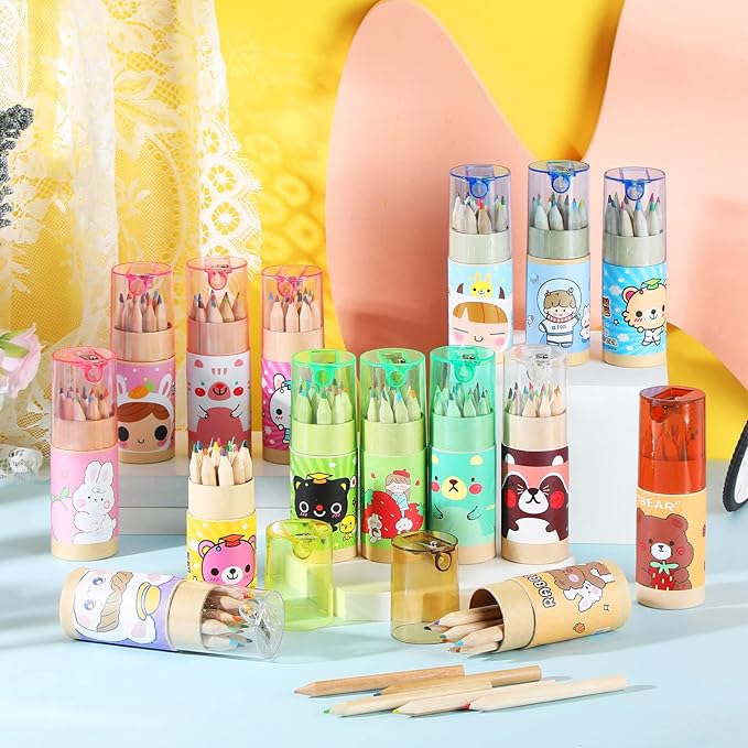 Fumete Cute Pencils Mini Drawing Colored Pencils Bulk for Kids with Sharpener Portable Color in Tube Party Favors Gift for Classroom School Supplies, 12 Colors