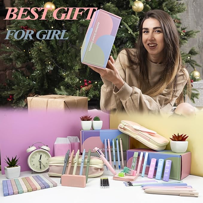 54Pcs Aesthetic School Supplies Set with Large Pastel Pencil Case 12 Dual Tip Highlighters, 6 Gel Pens, 5 Black Pens, 5 Mechanical Pencils (0.5-2.0mm) - Perfect Student & College Essentials Gifts
