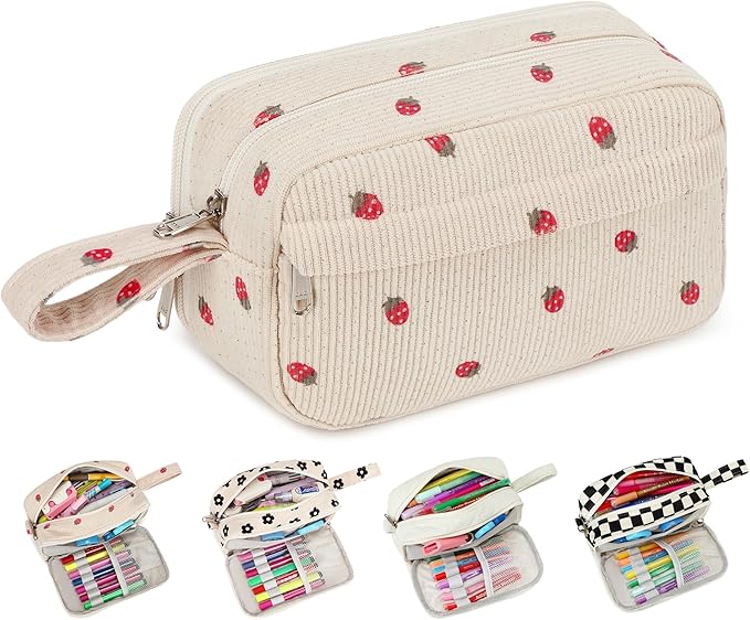 Bluboon Big Capacity Pencil Case Pencil Pouch Pen Case School Supplies Cute Pencil Box Pencil Bag for Teen Girls Boys Women Man (Strawberry Beige)