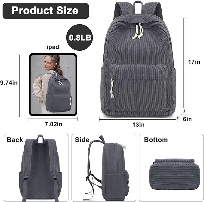 School Backpack for Teens Large Corduroy Bookbag Lightweight 15.6 inch Laptop Bag for Girls Women Casual High School College