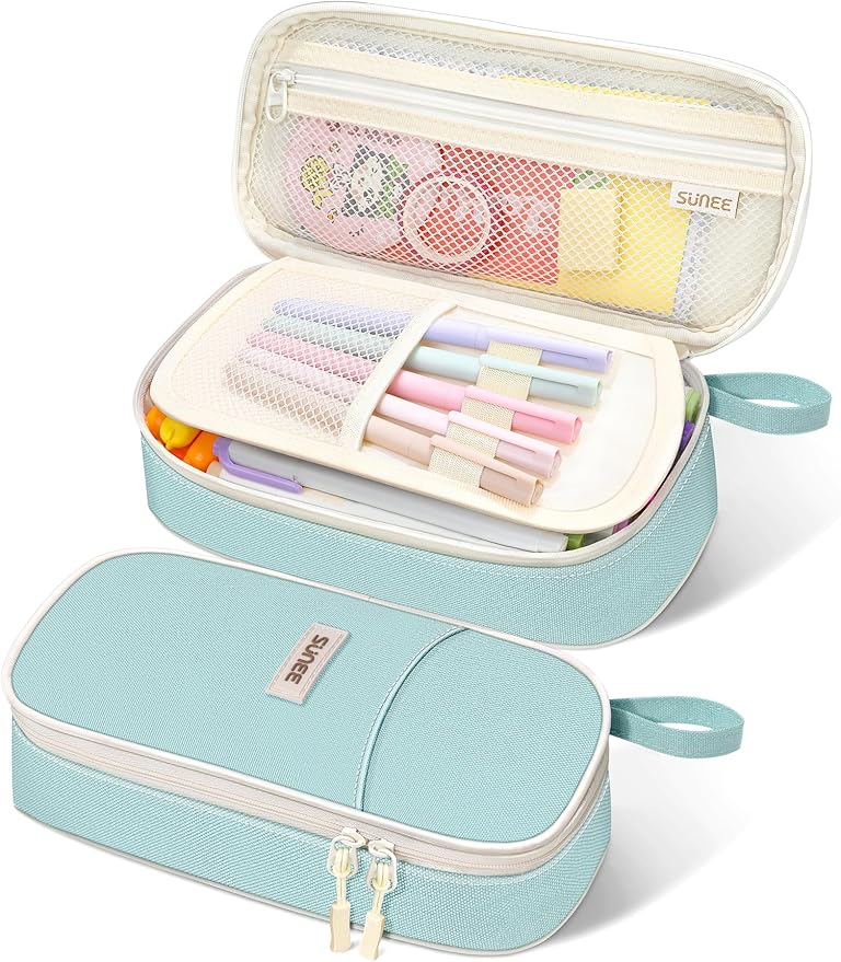 SUNEE Cute Pencil Case, Aesthetic Pen Pouch, Colored Large Pencil Bag with Zipper, Kawaii Stationery Storage and Organizer, School Supplies for Teen and Adult Girls, Mint Green