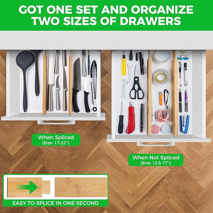 FJO 4 Pack Adjustable Bamboo Drawer Dividers - 12.5" - 21.7" Expandable Drawer Separators for Kitchen, Utensils, Clothes, Bedroom, Dresser, Bathroom (Beige)