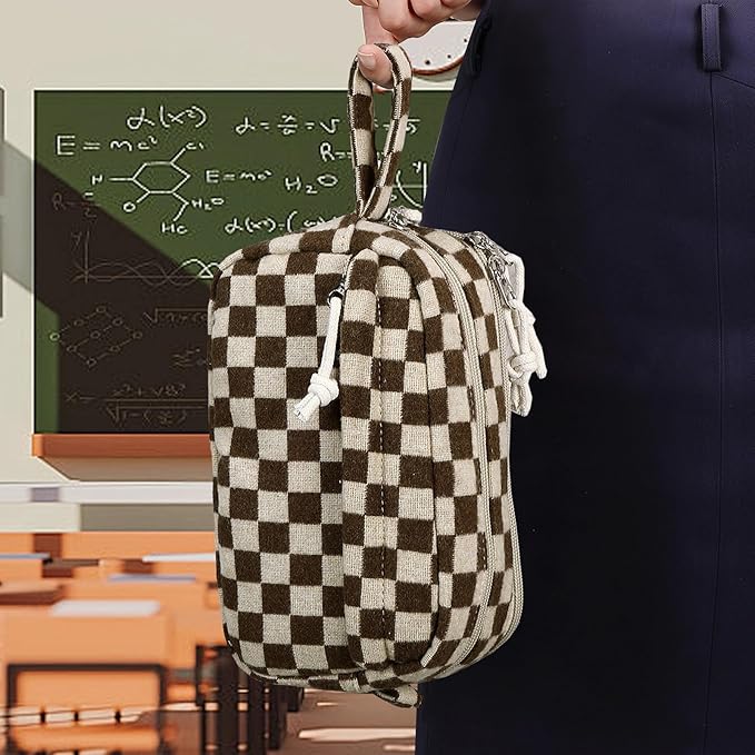 Bluboon Big Capacity Pencil Case Pencil Pouch Pen Case School Supplies Cute Pencil Box Pencil Bag for Teen Girls Boys Women Man (Khaki Brown Checked)