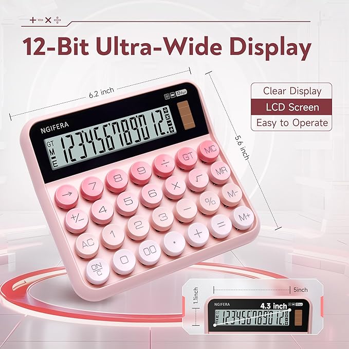 Desk Calculator, 12 Digit Large LCD Display, Big Buttons, Ergonomic 15° Tilt, Real Mechanical Keypad, Desktop Calculator for Office and Study