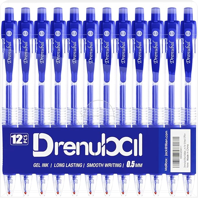 Blue Ballpoint Pens for School Office with Rubber Grip，Fine(0.5mm) Point Retractable-Set of 12 Writing Pens