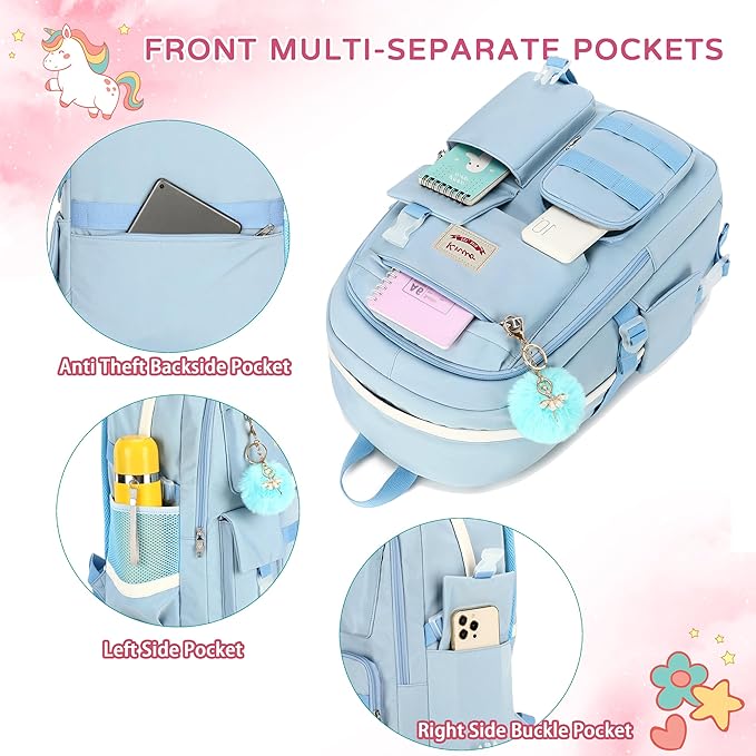 Girls Backpack,15.6 Inch Laptop School Bag Large Primary Elementary Middle College Bookbags Kids Backpacks for Teens Girls Women Students Anti Theft Travel Daypack (Blue)