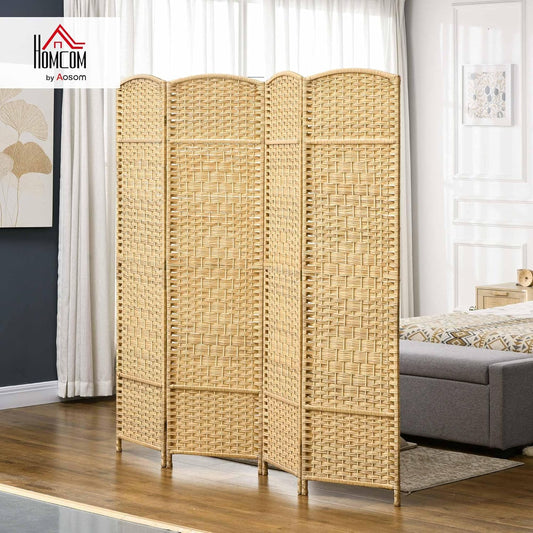 HOMCOM 4 Panel Room Divider, 6' Tall Folding Privacy Screen, Hand-Woven Freestanding Wood Partition for Home Office, Bedroom, Nature Wood