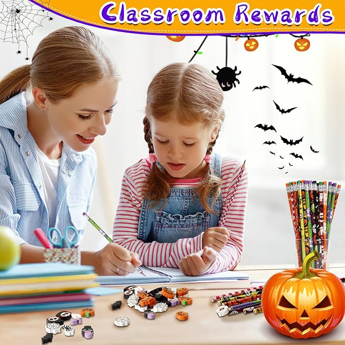 JULMELON 72PCS Halloween Party Favors Set,36PCS Halloween Pencils with 36PCS Ghost Pumpkin Skeleton Bat Spider Erasers, Wooden Pencils for Kids School Classroom Office Party Reward Supplies