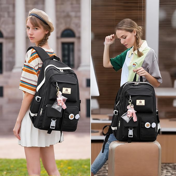 Girls Backpack,15.6 Inch Laptop School Bag Large Primary Elementary Middle College Bookbags Kids Backpacks for Teens Girls Women Students Anti Theft Travel Daypack (Black)