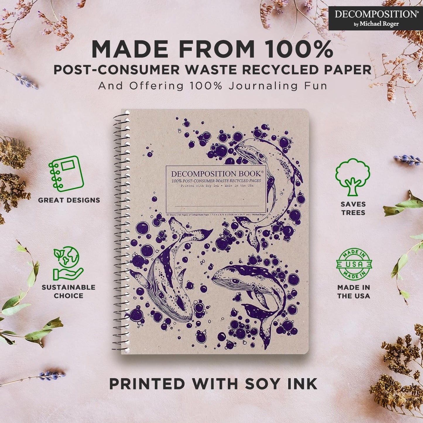 Decomposition Humpback Whales College Ruled Spiral Notebook - 9.75 x 7.5 Journal with 160 Lined Pages - 100% Recycled Paper - Cute Notebooks for School Supplies, Home & Office - Made in USA