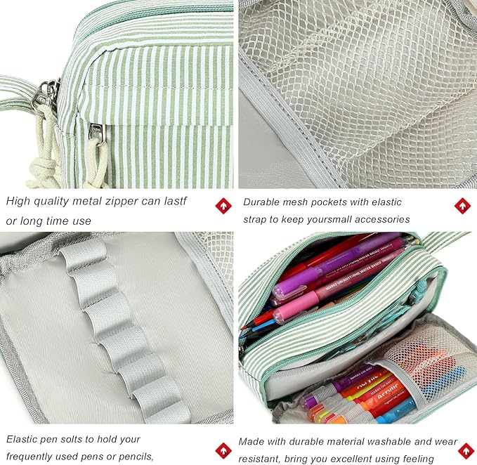 Bluboon Big Capacity Pencil Case Pencil Pouch Pen Case School Supplies Cute Pencil Box Pencil Bag for Teen Girls Boys Women Man (Green White Stripes)