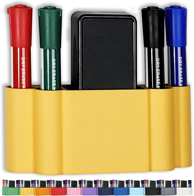 Glassboard Studio Magnetic Dry Erase Marker Holder - Super Strong for Magnetic Glass Whiteboard or Fridge - 2 Large Neodymium Magnets - No Slip Grip - Eco-Friendly PLA Plastic (Sunshine Yellow, KIT)