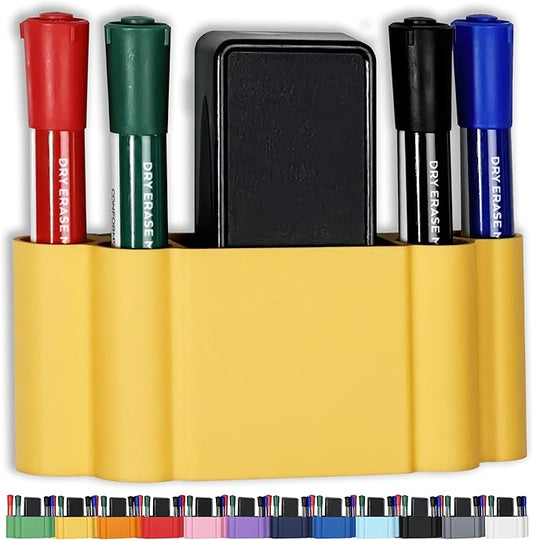 Glassboard Studio Magnetic Dry Erase Marker Holder - Super Strong for Magnetic Glass Whiteboard or Fridge - 2 Large Neodymium Magnets - No Slip Grip - Eco-Friendly PLA Plastic (Sunshine Yellow, KIT)