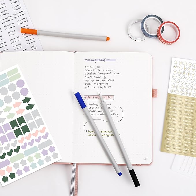 &And Per Se Dotted Journal Notebook Set, A5 Hardcover Dotted Journal (Dark Blue), 6 Fineliner Pens, 8 Sticker, 5 Stencil Sheets & 6 Washi Tapes, Journaling Supplies for Planner Schedule