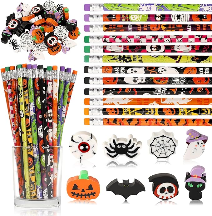 JULMELON 72PCS Halloween Party Favors Set,36PCS Halloween Pencils with 36PCS Ghost Pumpkin Skeleton Bat Spider Erasers, Wooden Pencils for Kids School Classroom Office Party Reward Supplies