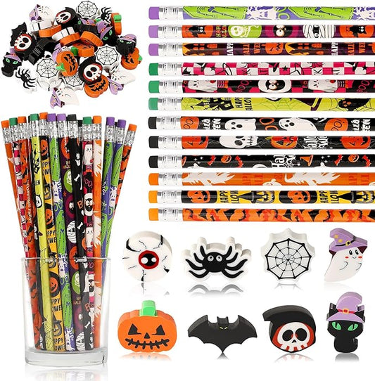 JULMELON 72PCS Halloween Party Favors Set,36PCS Halloween Pencils with 36PCS Ghost Pumpkin Skeleton Bat Spider Erasers, Wooden Pencils for Kids School Classroom Office Party Reward Supplies