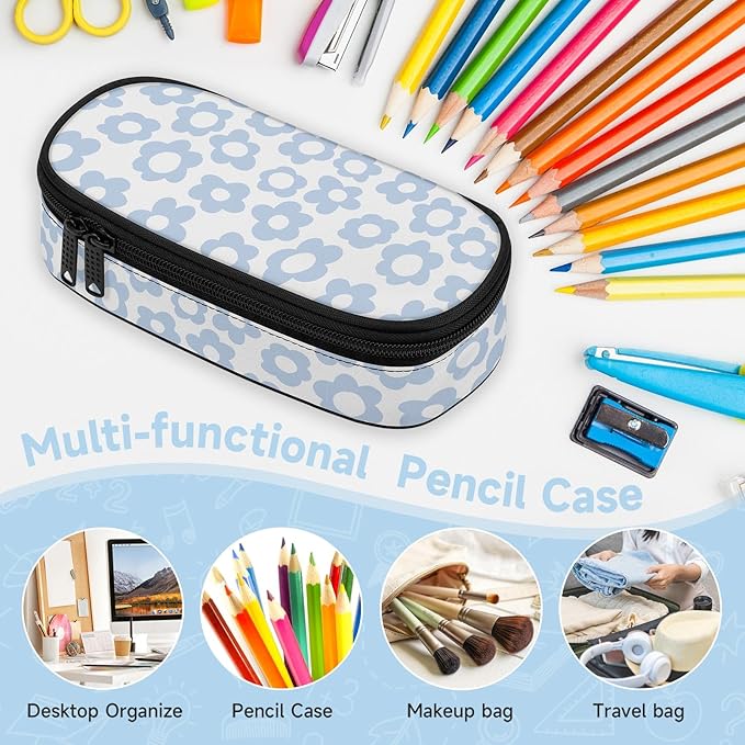 Blue Retro Floral Large Pencil Pouch Big Capacity Cute Pencil Case for Girls Boys Teen Women Men Adult, Portable Kids Pencil Bag with Zipper,Stationery Storage Pen Bag for School Office Organizer