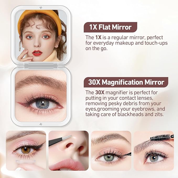 30X Magnifying Mirror, Pocket Travel Makeup Mirror, Small Compact Mirror for Women, 2-Sided Mini Mirrors for Home and Outside, Portable Multi-Purpose Travel Mirror, Precision Tweezers, Rose