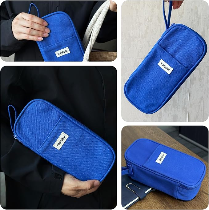 Large Pencil Case Pouch for Boy Men Kids Adults, Big Capacity Canvas Pencil Bag, Office College School Multi Compartment Zipper Stationery Pen Bag (Navy Blue)