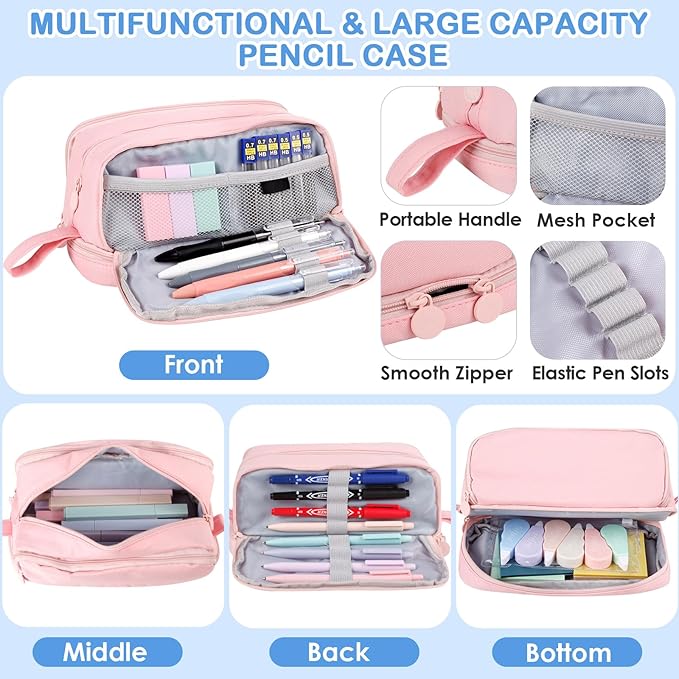 54 PCS Aesthetic School Supplies, Stationery Essentials Set with Large Pen Case, Mechanical Pencils & Black Ink Gel Pens with Refills, Markers, Erasers, Highlighters, Sticky Notes, Correction Tapes