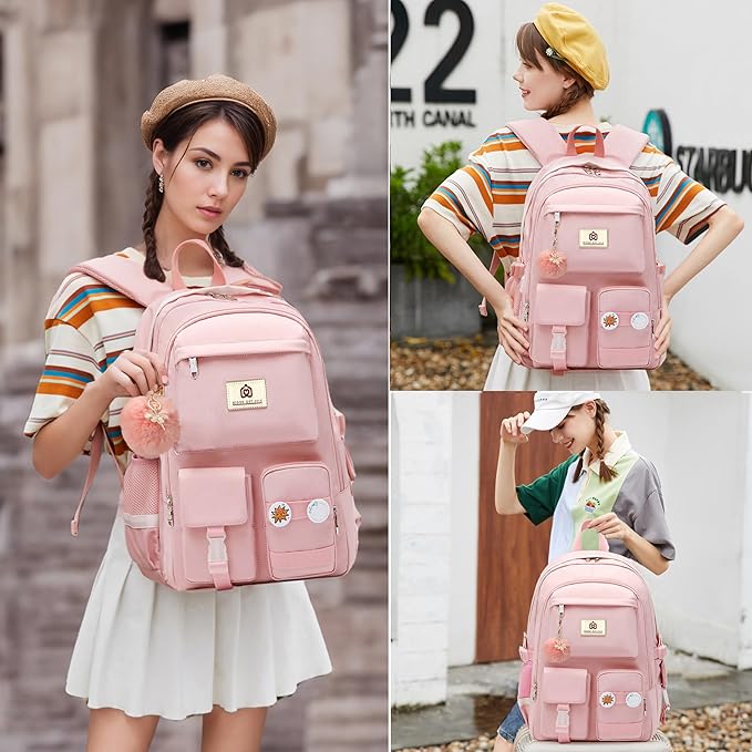 Girls Backpack,15.6 Inch Laptop School Bag Large Primary Elementary Middle College Bookbags Kids Backpacks for Teens Girls Women Students Anti Theft Travel Daypack (Pink)