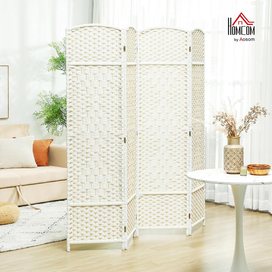 HOMCOM 4 Panel Room Divider, 6' Tall Folding Privacy Screen, Hand-Woven Freestanding Wall Partition for Home Office, Bedroom, White