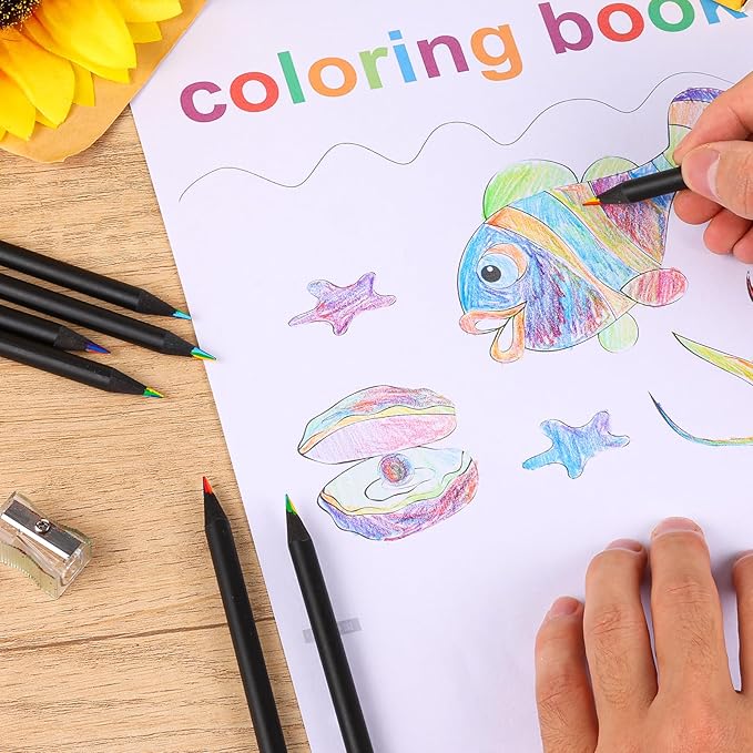 TINNIVI Art Supplies for Kids, 7 Color Black Wooden Rainbow Colored Pencils, Pre-sharpened, Multicolored Core, with Sharpener, for Coloring Books, Drawing, Sketching, 24pcs