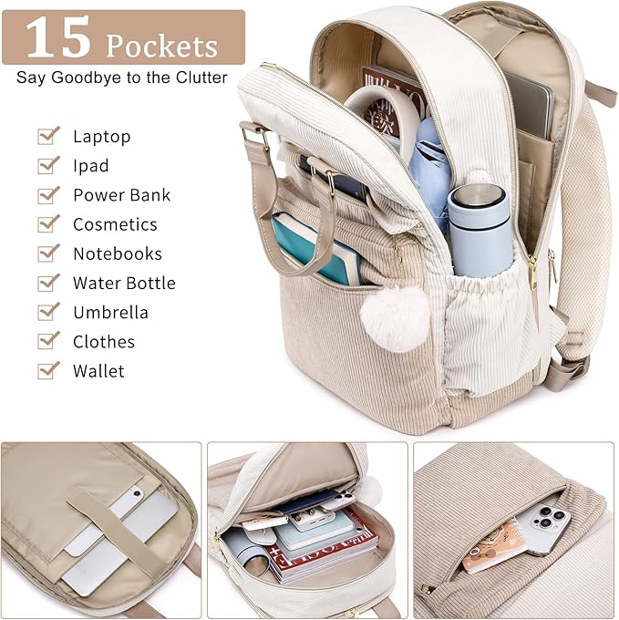 School Backpack for Girls Laptop Bookbag: Casual Corduroy Women Backpacks with USB Charging Port TSA Friendly Travel Back Pack with Anti-Theft Pocket Cute College Daypack for Teen Students Khaki Beige