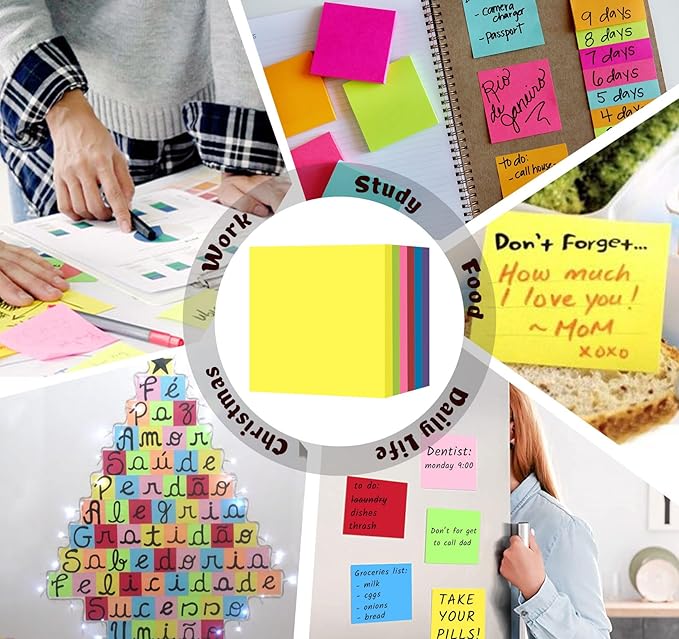 (6 Pack) Sticky Notes Pads,600 Super Adhesive Sticky Notes,3 x 3 Self Sticky Pads,600 Sheets Bulk Notepads,6 Colors Notes Post,Bright Colors Sticky Notepads Easy to Post for Office,Home,School