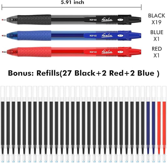 feela 52 Pack Retractable Black Ink Gel Pens, Premium Medium Point Rollerball Pens for School Smooth Writing with Comfort Grip(19 Black with 27 Refills+1 Blue with 2 Refills+1 Red with 2 Refills)
