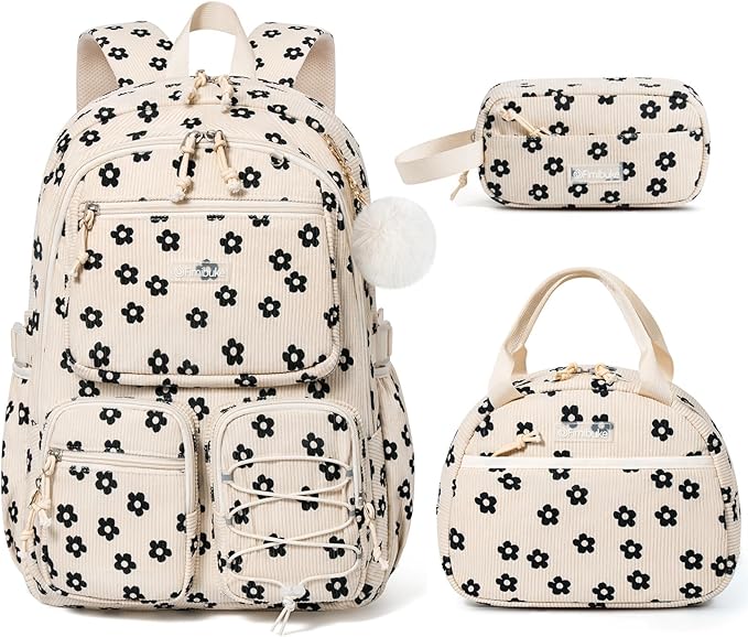 Fimibuke School Backpack for Girls Boys - 3PCS Corduroy Kids Backpack Set with Lunch Box & Pencil Pouch, Lightweight Teen Girls School Bag Laptop Bag Travel Daypack for Elementary Middle High School