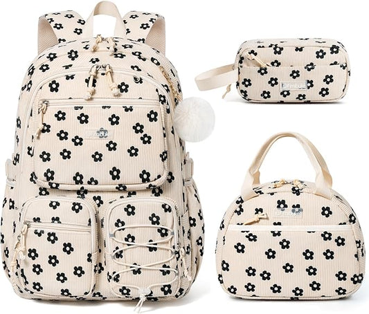 Fimibuke School Backpack for Girls Boys - 3PCS Corduroy Kids Backpack Set with Lunch Box & Pencil Pouch, Lightweight Teen Girls School Bag Laptop Bag Travel Daypack for Elementary Middle High School