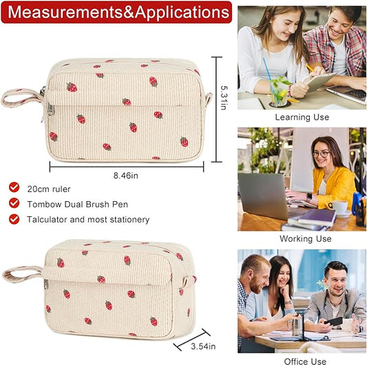 Bluboon Big Capacity Pencil Case Pencil Pouch Pen Case School Supplies Cute Pencil Box Pencil Bag for Teen Girls Boys Women Man (Strawberry Beige)