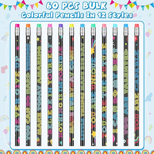 60 Pcs Motivational Pencils Bulk, Fun Inspirational School Pencils for Classroom, Cute Wood Pencils with Encourage Positive Sayings, Back to School Supplies for Kids Student Teacher Classroom Reward