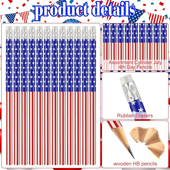 Zuazaor 200 Piece Student Cute Wooden Pencils in Bulk American Flag Pencils with Eraser Wood Graphite Pencil for Kids Girls Boys (American Independence Day)