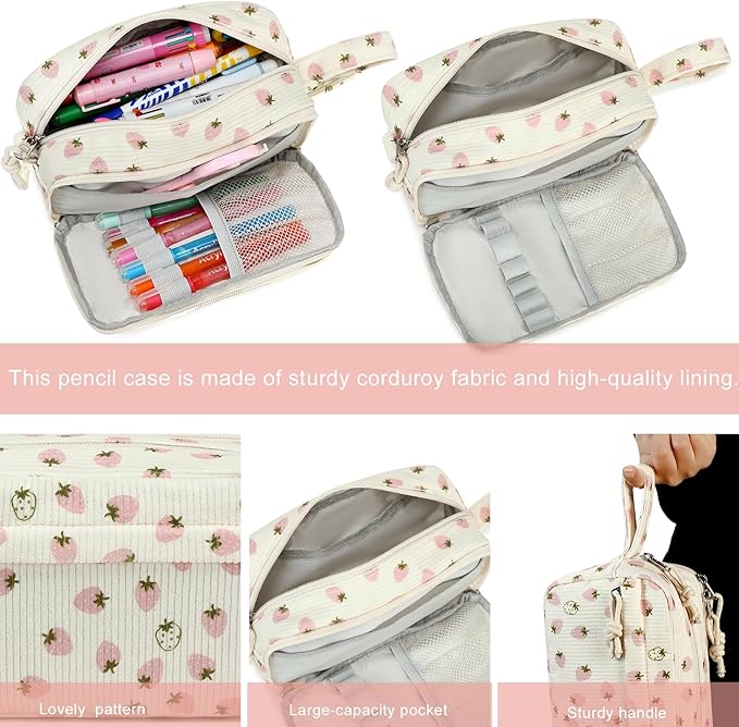 Bluboon Big Capacity Pencil Case Pencil Pouch Pen Case School Supplies Cute Pencil Box Pencil Bag for Teen Girls Boys Women Man (Strawberry Pink white)