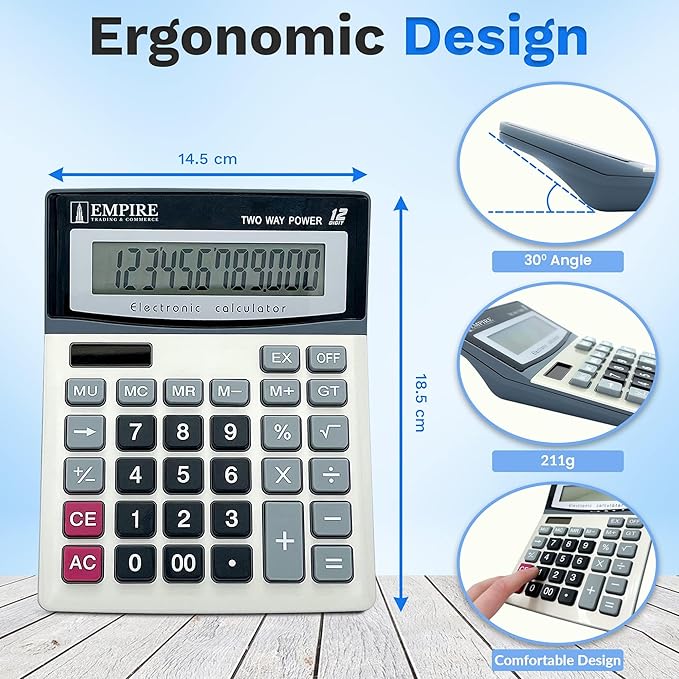 Empire Desk Calculator with Large Key Buttons, 12-Digit Large Eye-Angled Display, Solar & Battery Powered - Basic Calculator for Students, Home and Office Use (Battery Included)