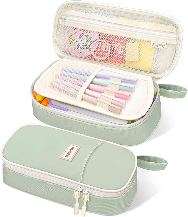 SUNEE Cute Pencil Case, Aesthetic Pen Pouch, Colored Large Pencil Bag with Zipper, Kawaii Stationery Storage and Organizer, Green School Supplies for Teen and Adult Girls