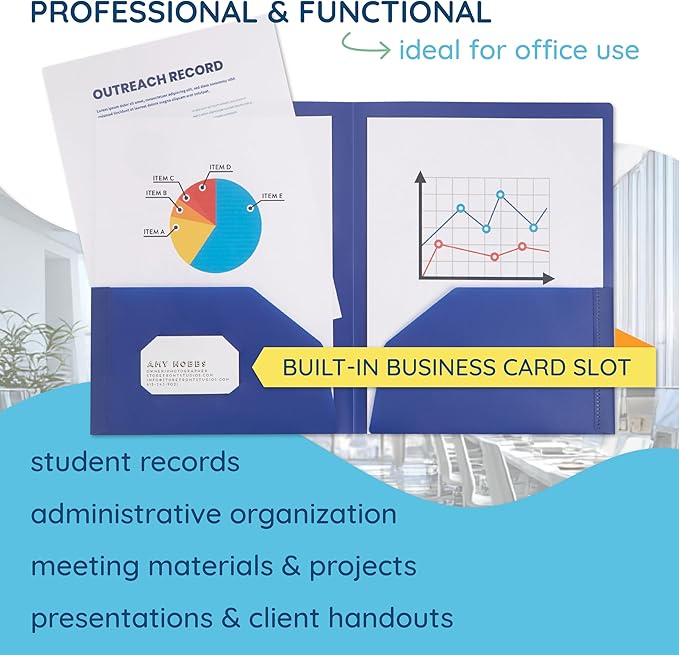 Blue Summit Supplies 30 Pack Two Pocket Plastic Folders Bulk, 2 Pocket Plastic Poly Folders, Bold Assorted Dark Colors, Black, Blue, and Red Color, Durable, Letter Size with Business Card Slot