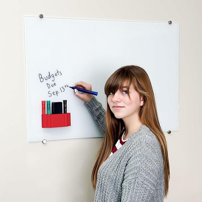 Glassboard Studio Magnetic Dry Erase Marker Holder - Super Strong for Magnetic Glass Whiteboard or Fridge - 2 Large Neodymium Magnets - No Slip Grip - Eco-Friendly PLA Plastic (Cherry Red)